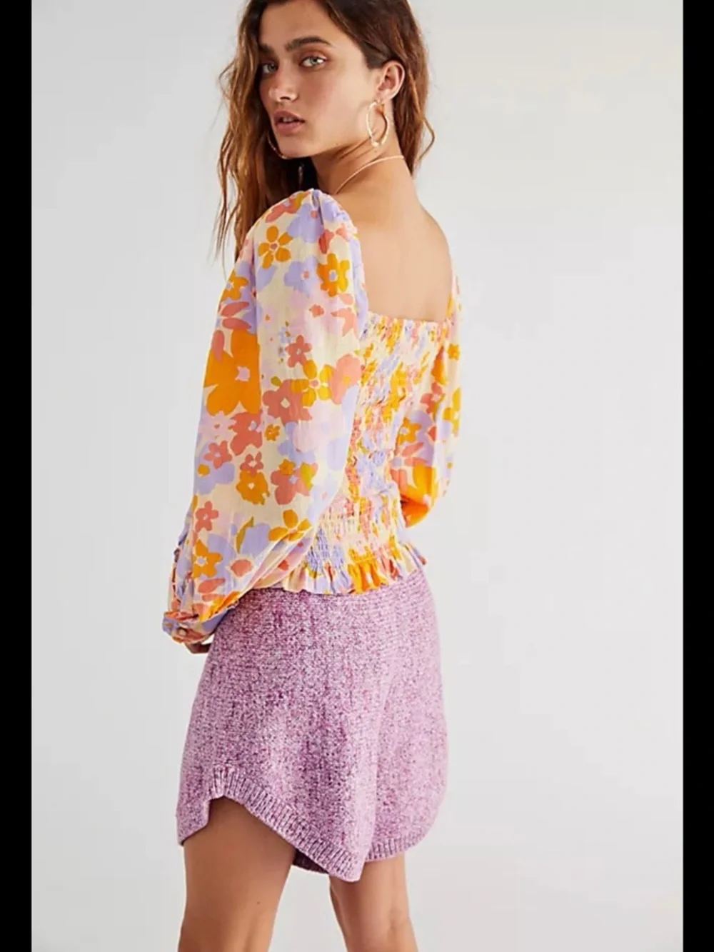 Free People 100% Cotton Floral Smocked Puff-Sleeve Top in Lavender & Orange